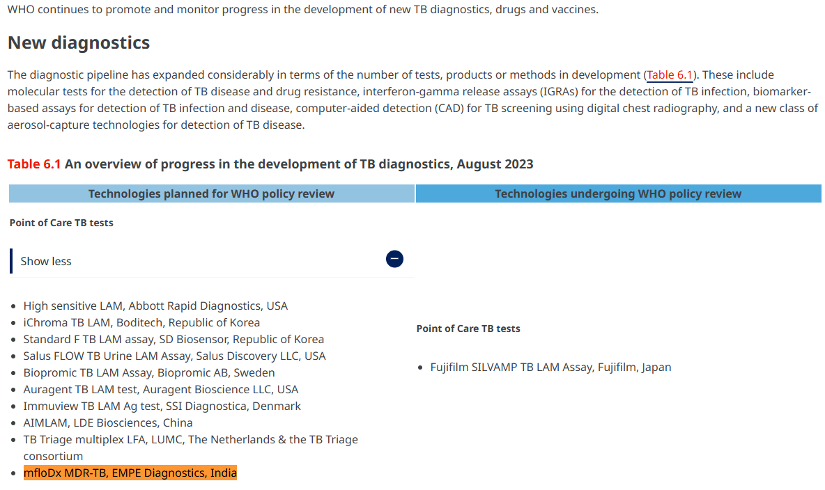 Overview of progress in TB diagnostics development showing WHO policy review technologies and point of care TB tests