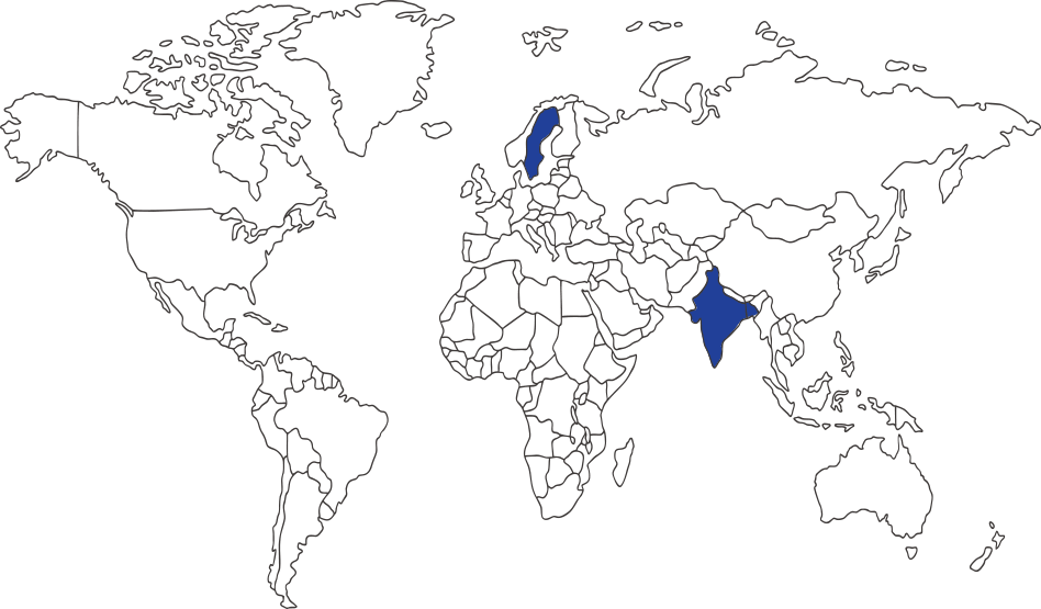 World map showing EMPE Diagnostics locations in Sweden and India